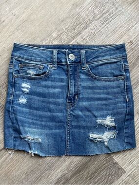 American Eagle Jaripeo Western Distressed Blue Denim Mini Skirt
